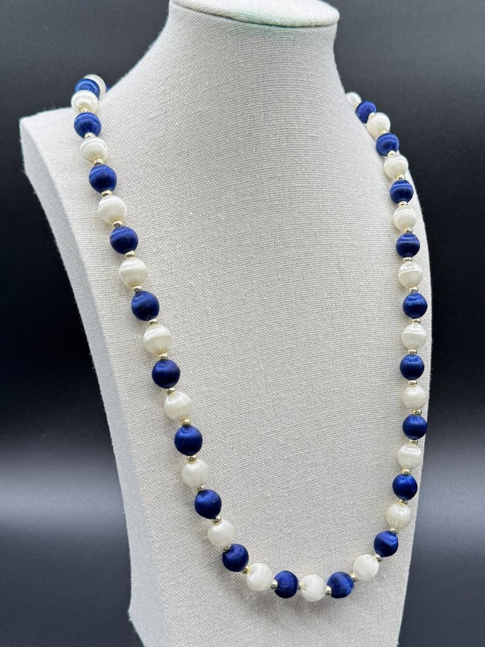 Vintage Beaded Necklace Navy Blue and White Satin Fabric Beads 30 inches
